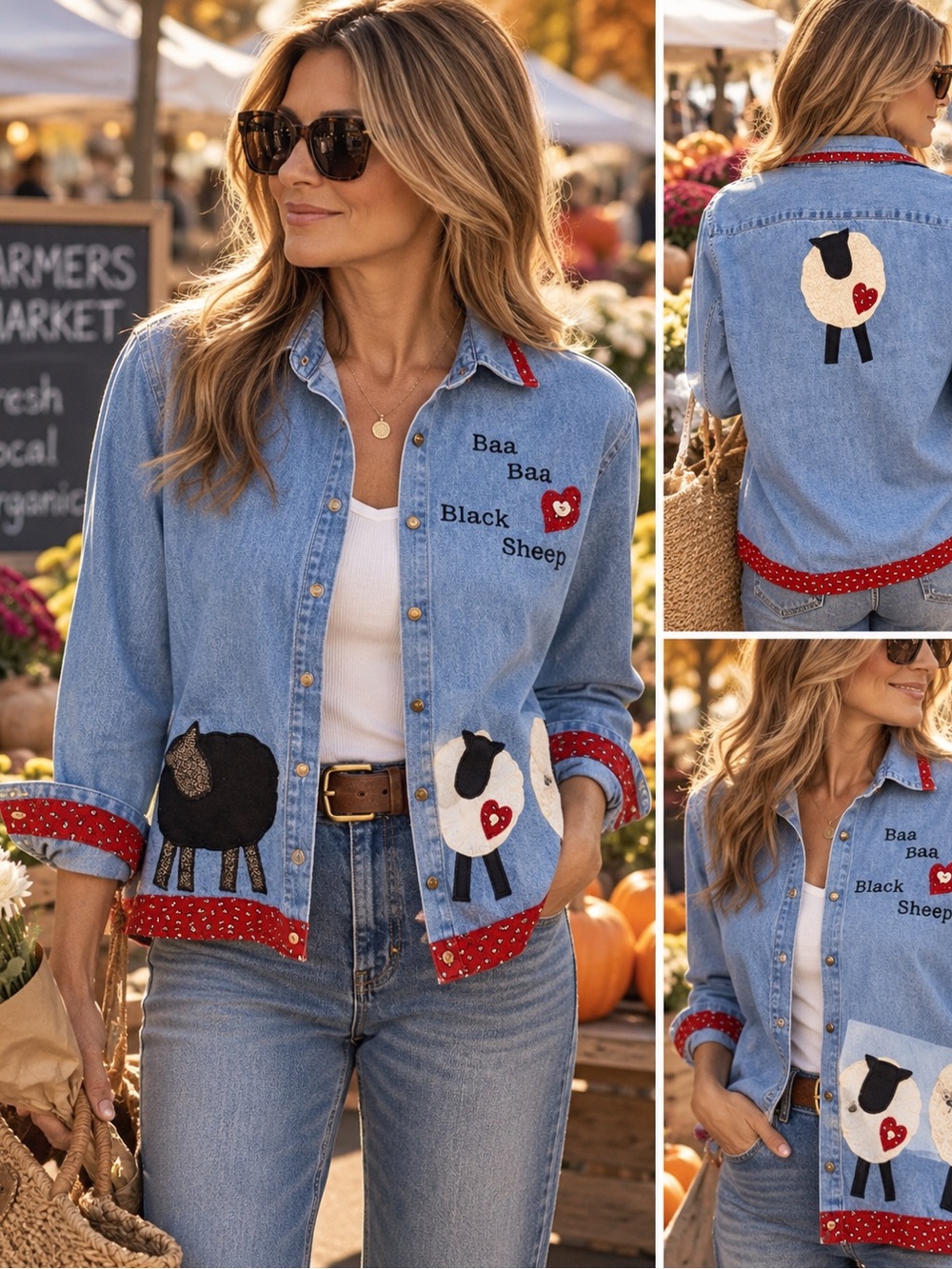 Harriton Black Sheep Appliqué Denim Shirt Jacket Medium